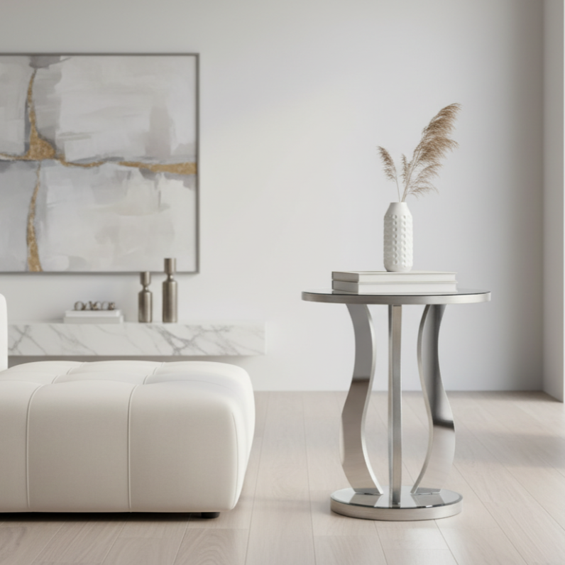 ACCENT TABLE - 20"DIA / BRUSHED SILVER / MIRROR