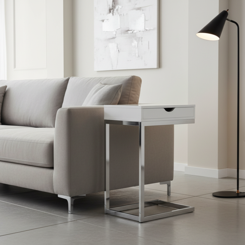 ACCENT TABLE - CHROME METAL / GLOSSY WHITE WITH A DRAWER
