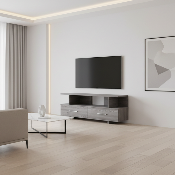 TV STAND - 48"L / GREY WITH 2 STORAGE DRAWERS