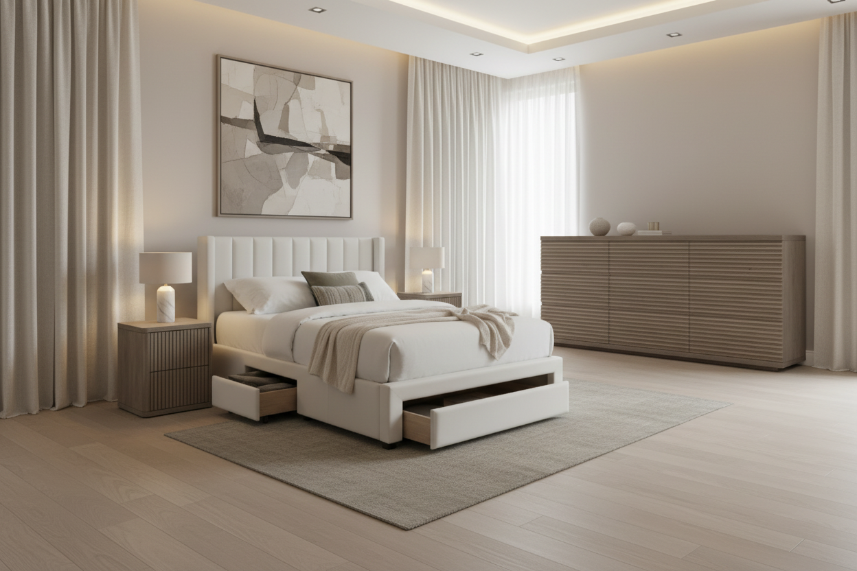 Modern Fluted Bedroom Set – Bed + 2 Nightstands + 3-Drawer Dresser