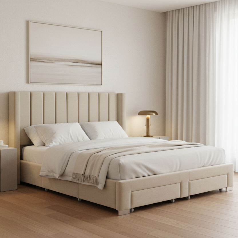 IF-5312 Creme Velvet Fabric Wing Bed