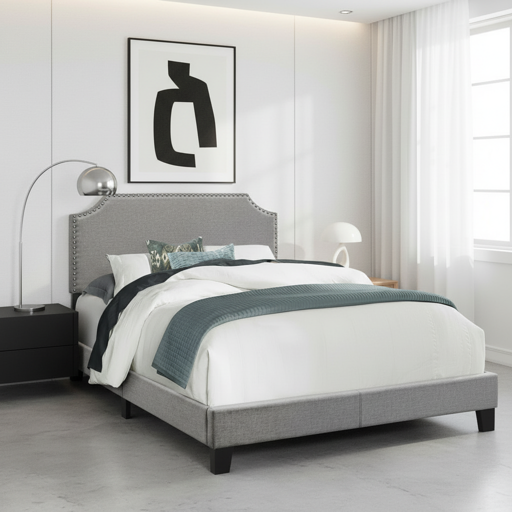 BED - FULL SIZE / GREY LINEN WITH CHROME TRIM