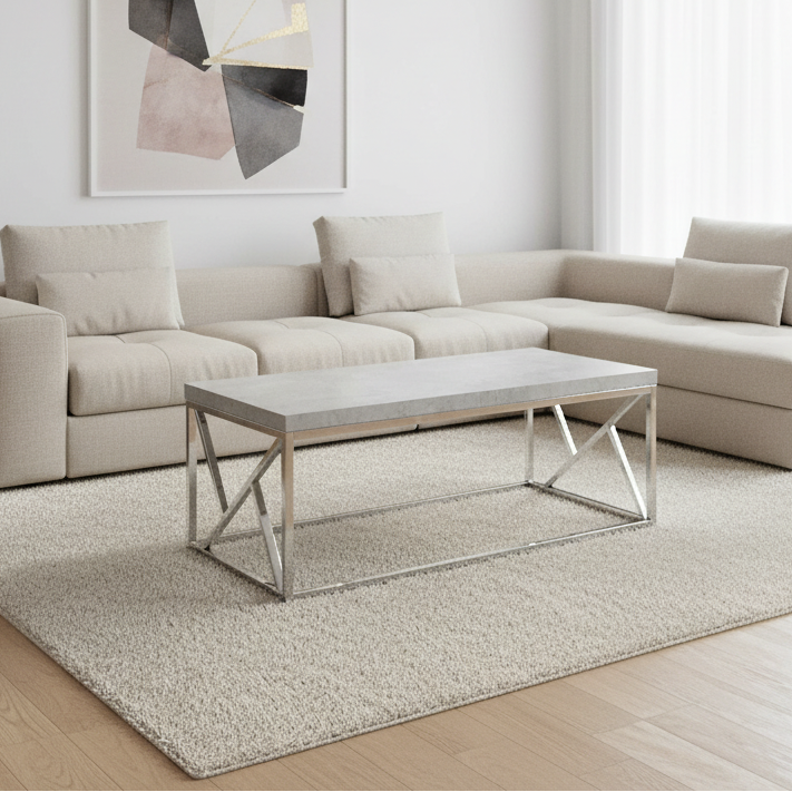 TABLE BASSE - CIMENT GRIS AVEC MÉTAL CHROMÉ