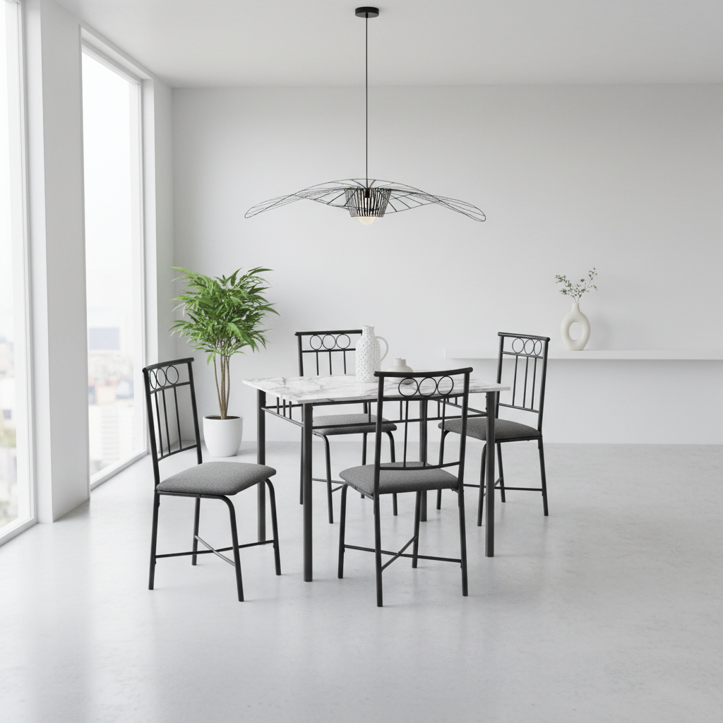 DINING SET - 5PCS SET / WHITE MARBLE TOP / BLACK METAL