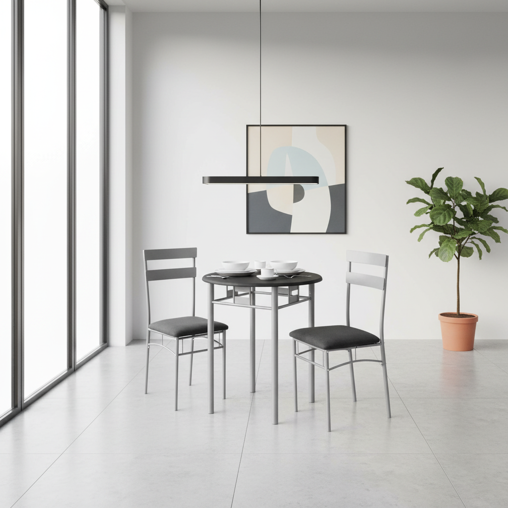 DINING SET - 3PCS SET / BLACK / SILVER METAL