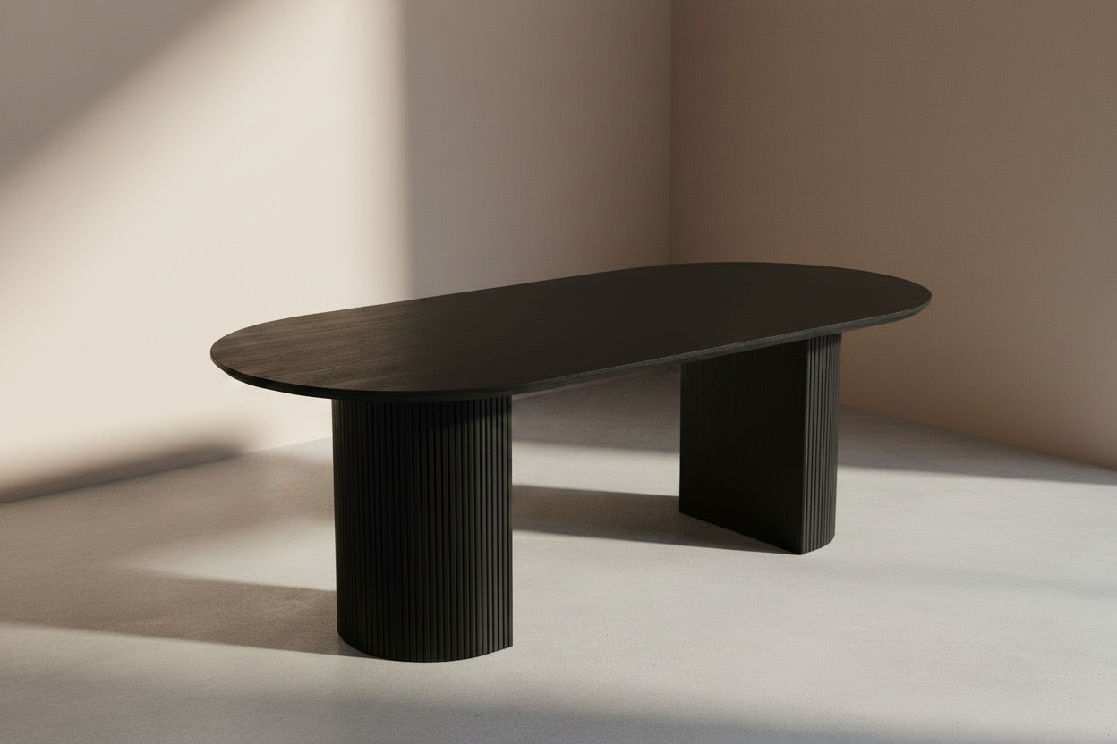 T-1643 | Oval Dining Table | Matte Black Fluted Pedestal Base
