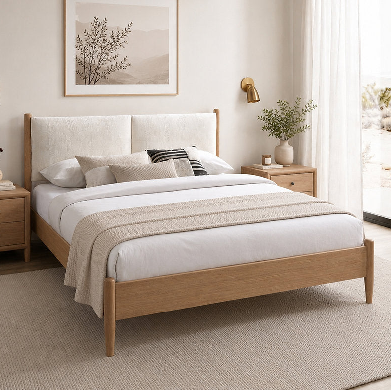 IF-5915 | Scandinavian Platform Bed | Oak Frame & Upholstered Headboard
