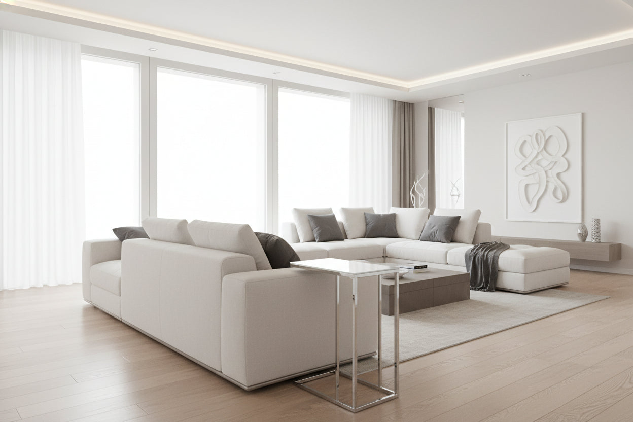 TABLE D'APPOINT - MÉTAL CHROMÉ AVEC VERRE TREMPÉ DÉPOLI