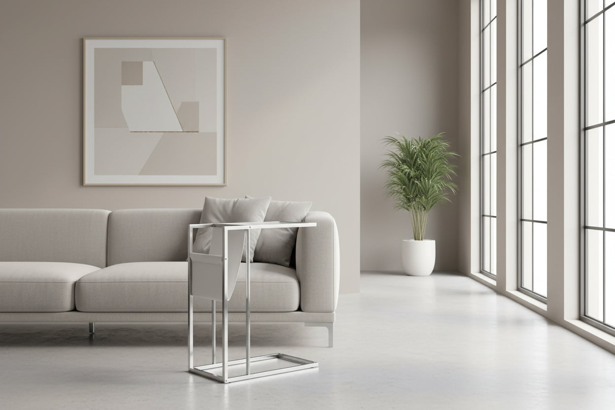 TABLE D'APPOINT - BLANC / MÉTAL CHROME AVEC PORTE-REVUES