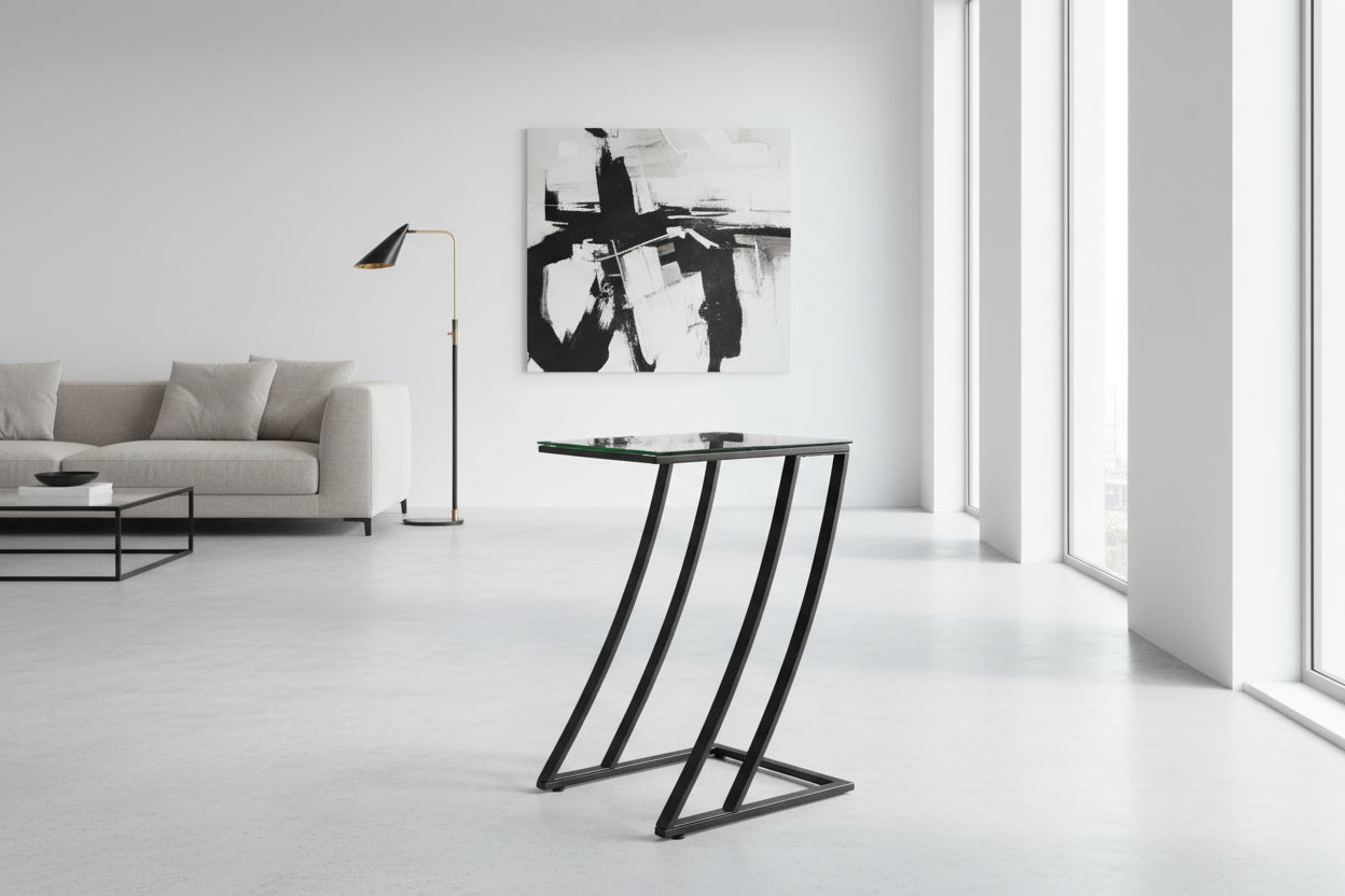 TABLE D'APPOINT - MÉTAL NOIR AVEC VERRE TREMPÉ
