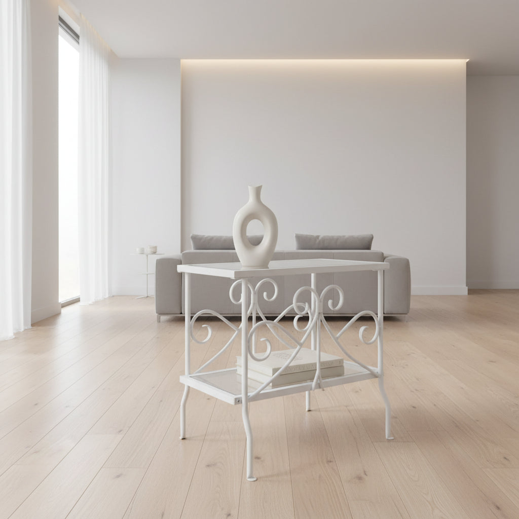 ACCENT TABLE - WHITE METAL WITH TEMPERED GLASS