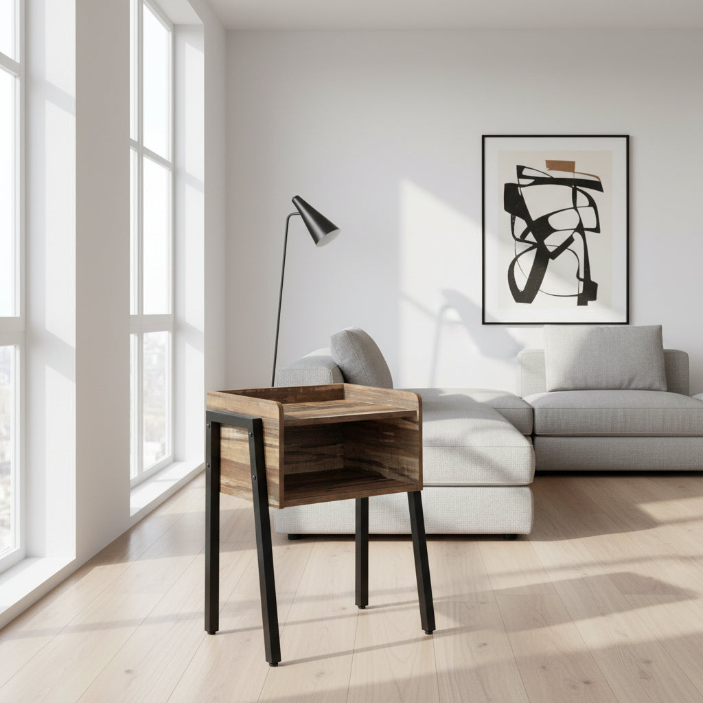 ACCENT TABLE - 23"H / BROWN RECLAIMED-LOOK / BLACK METAL