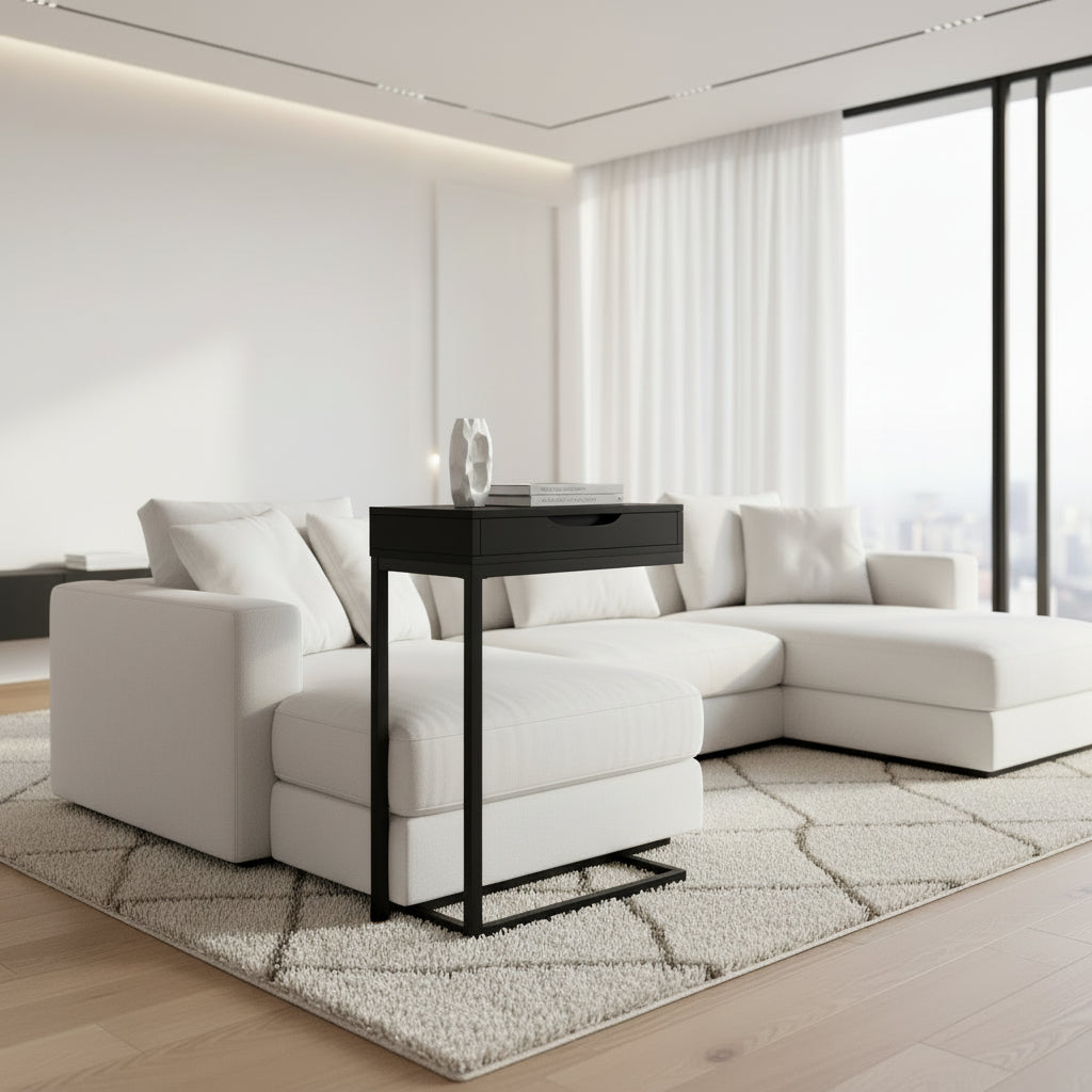 ACCENT TABLE - BLACK / BLACK METAL WITH A DRAWER