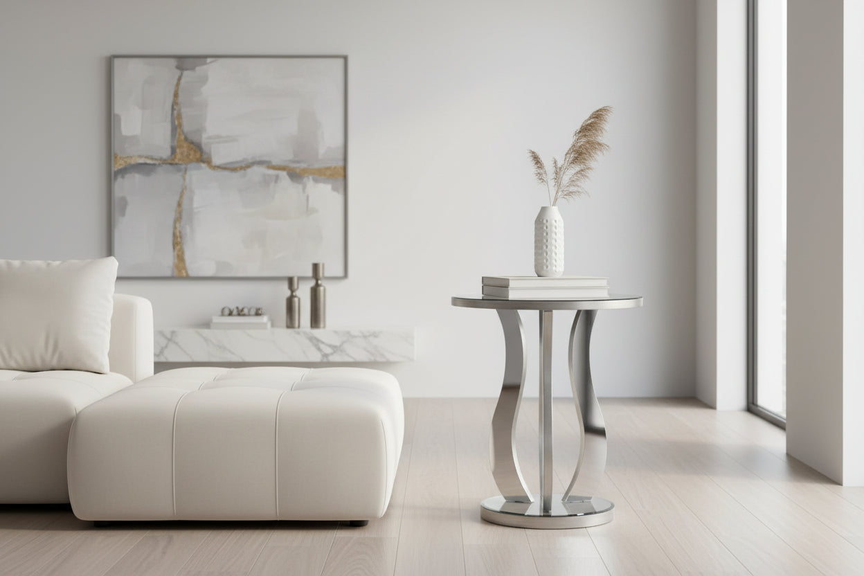 ACCENT TABLE - 20"DIA / BRUSHED SILVER / MIRROR