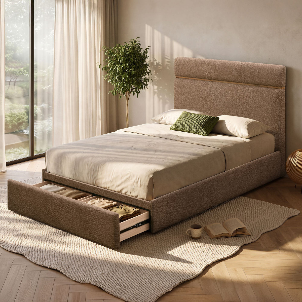 Aniza 60" Queen Platform Bed with Drawer in Brown