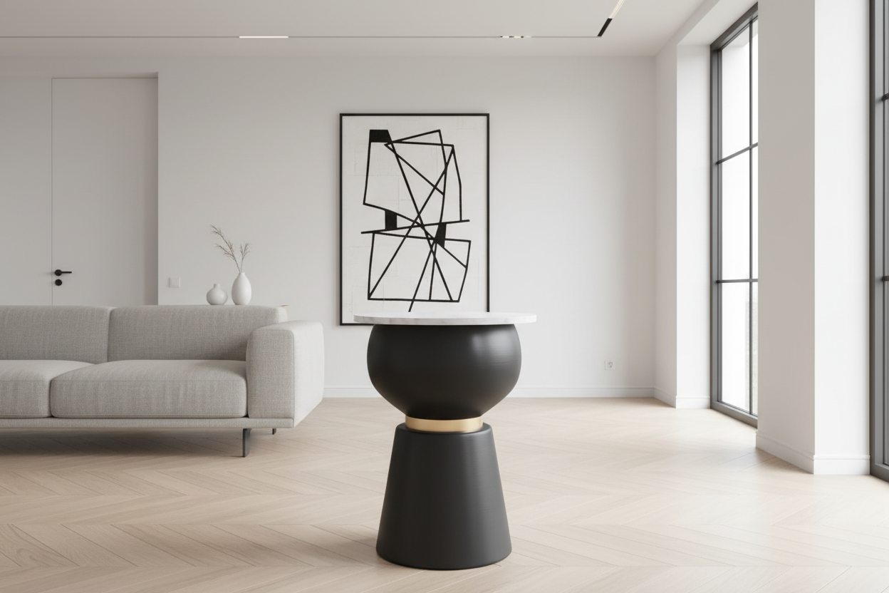 Table d'appoint Alora en noir et blanc et or brossé