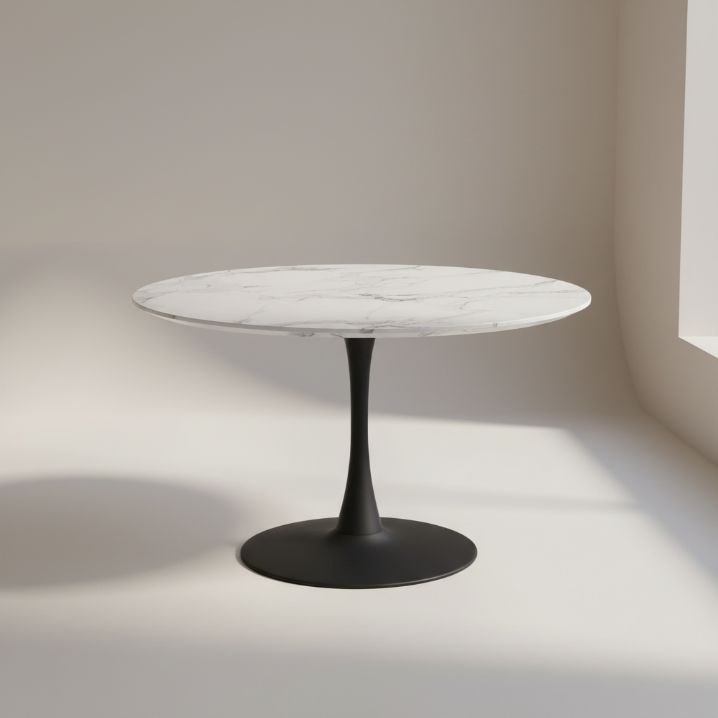Zilo 48" Round Dining Table in White Faux Marble and Black