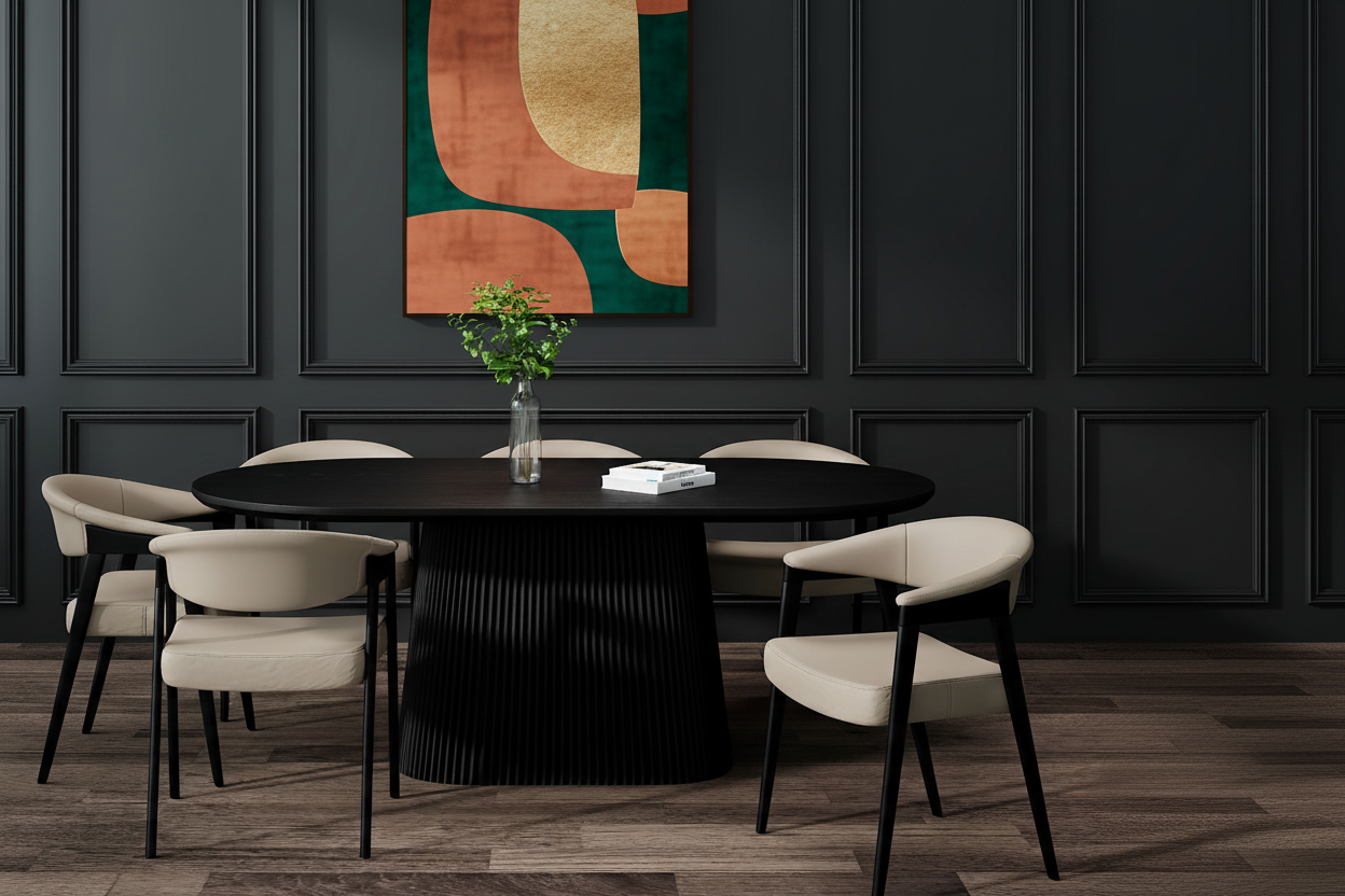 Ensemble de salle à manger 7 pièces Tovas/Bexley - Table ovale noire avec chaise champignon