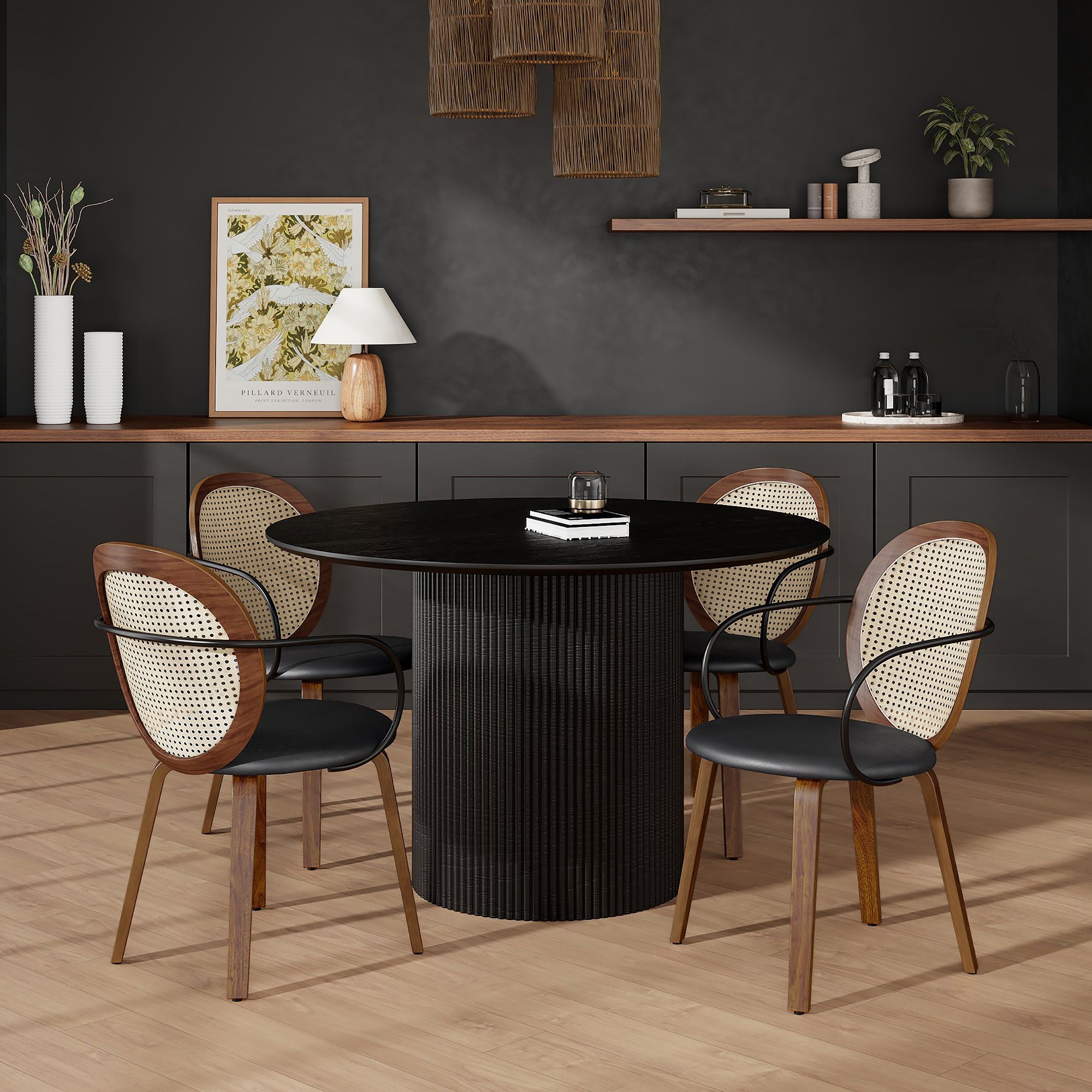 Tovas/Orias 5pc Dining Set - Black Round Table with Walnut Chair