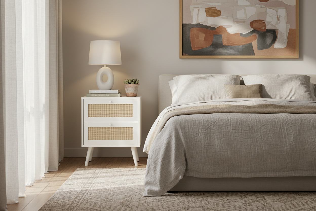 TABLE D'APPOINT - 24"H / TABLE D'APPOINT BLANCHE - 2 TIROIRS EN NOYER