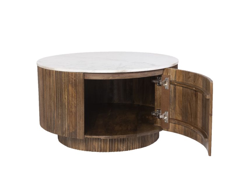 Table basse ronde Reyna avec rangement en noyer et blanc