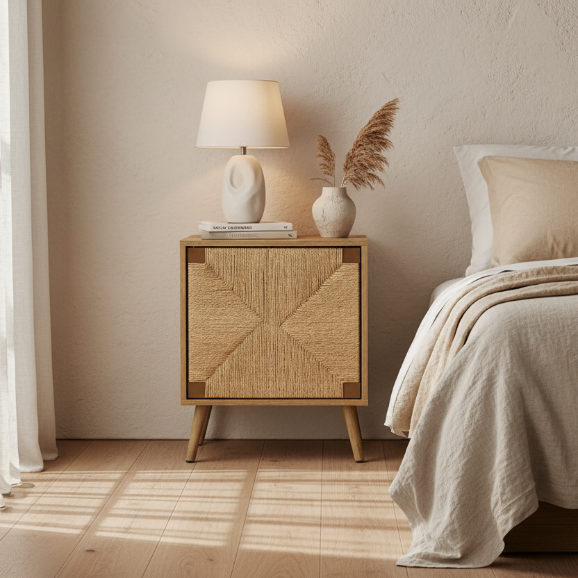 ACCENT TABLE - 23"H / LIGHT WALNUT / SEAGRASS END TABLE