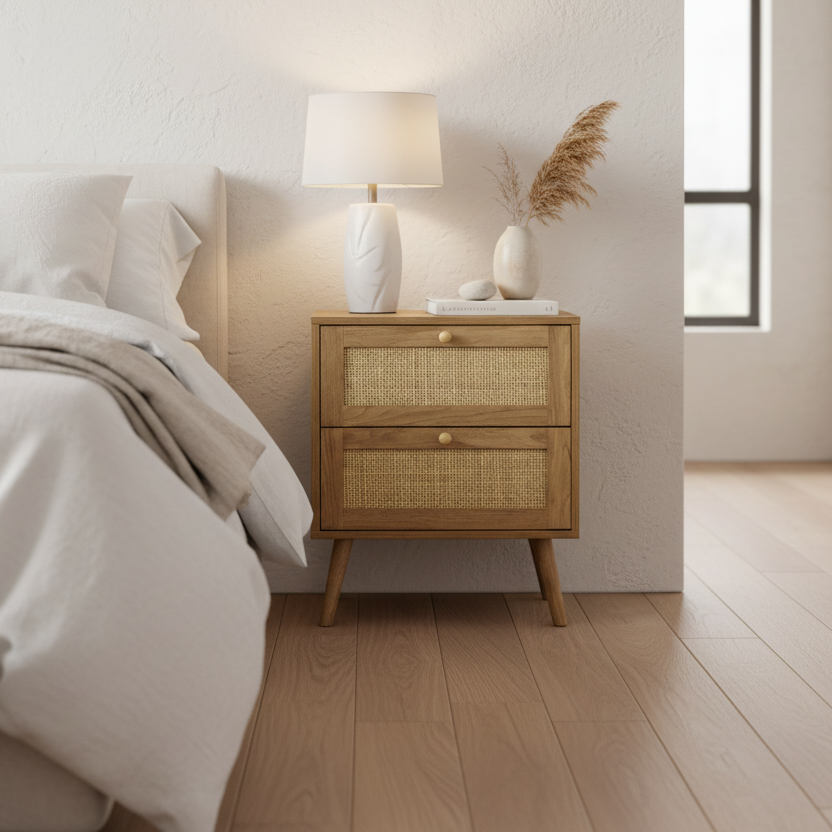 TABLE D'APPOINT - 24"H / TABLE D'APPOINT BLANCHE - 2 TIROIRS EN NOYER