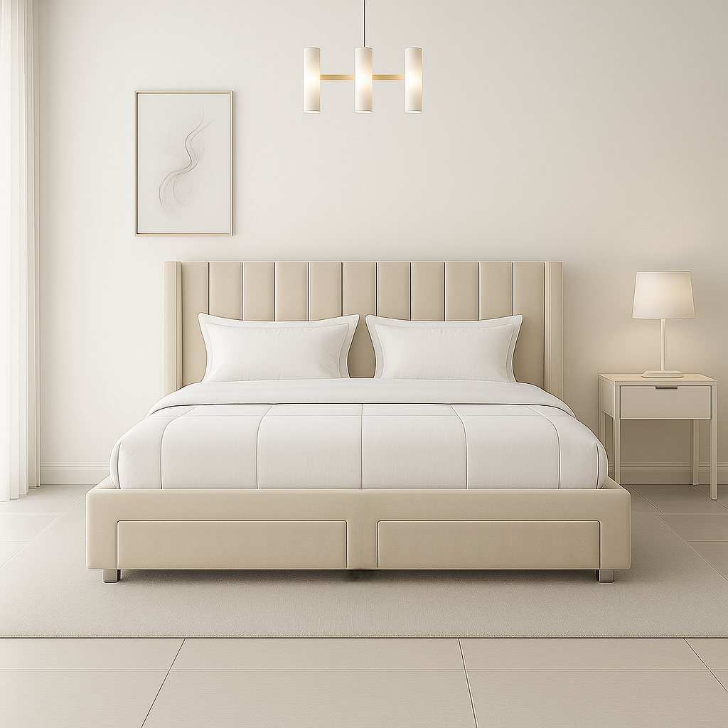 IF-5312 Creme Velvet Fabric Wing Bed