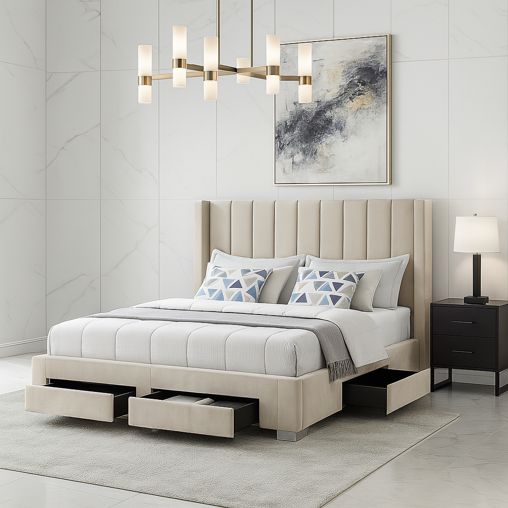 IF-5312 Creme Velvet Fabric Wing Bed
