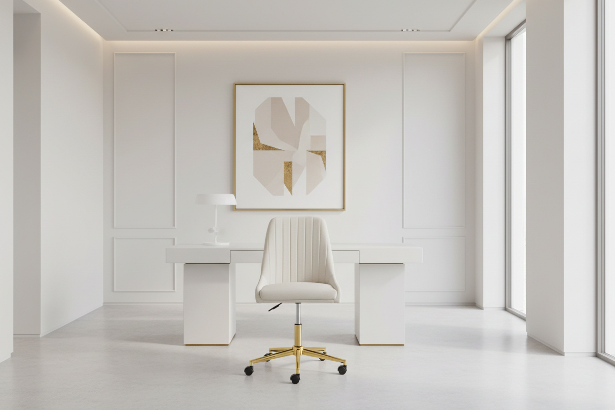 CHAISE DE BUREAU MOIRA GY-OC-1977G Morgan Ivoire PIEDS POLIS DORÉS