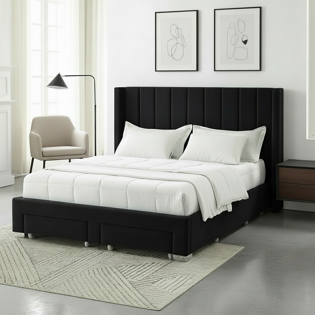 IF-5313 Black Velvet Fabric Wing Bed