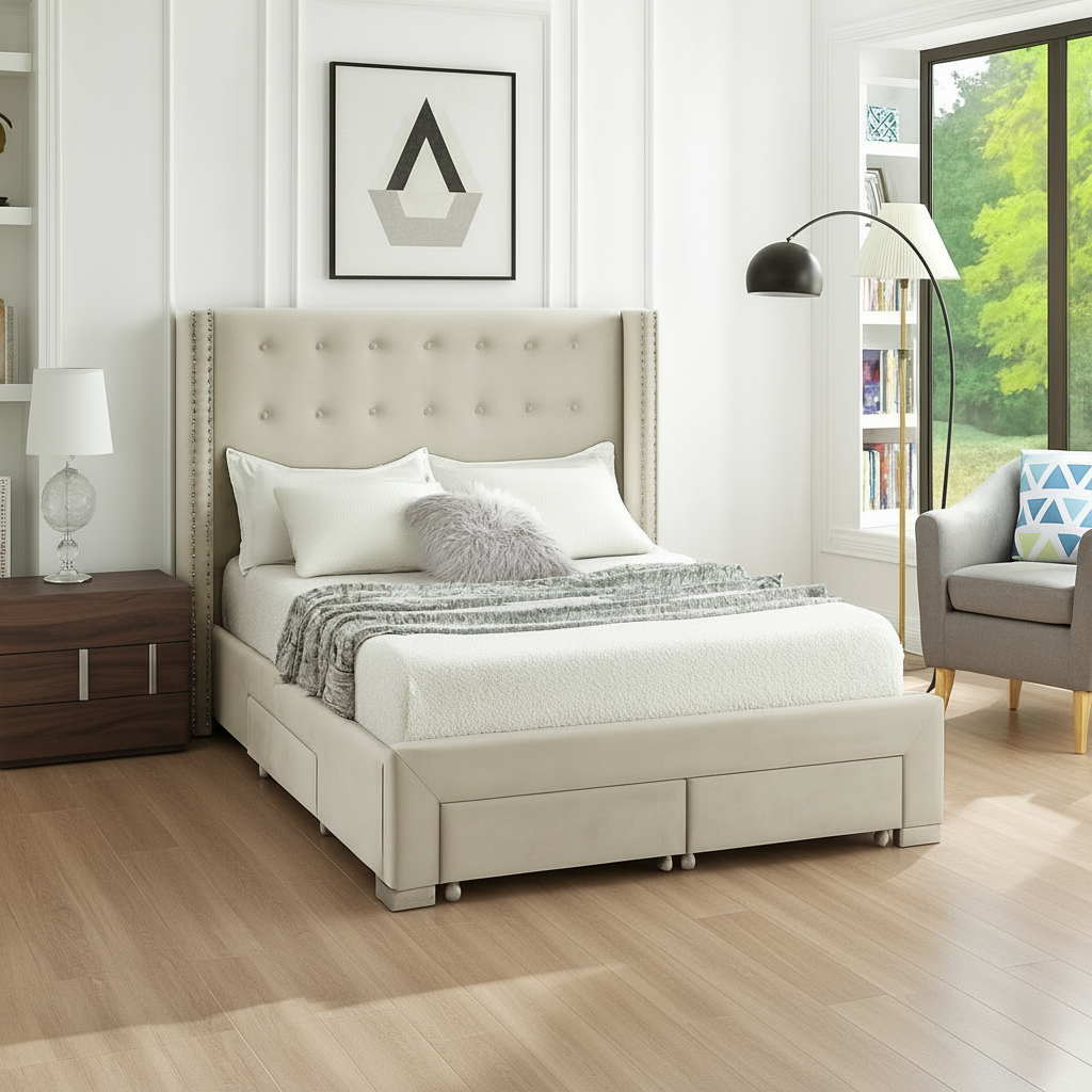 Beige upholstered bed with storage drawers in a modern bedroom setting.