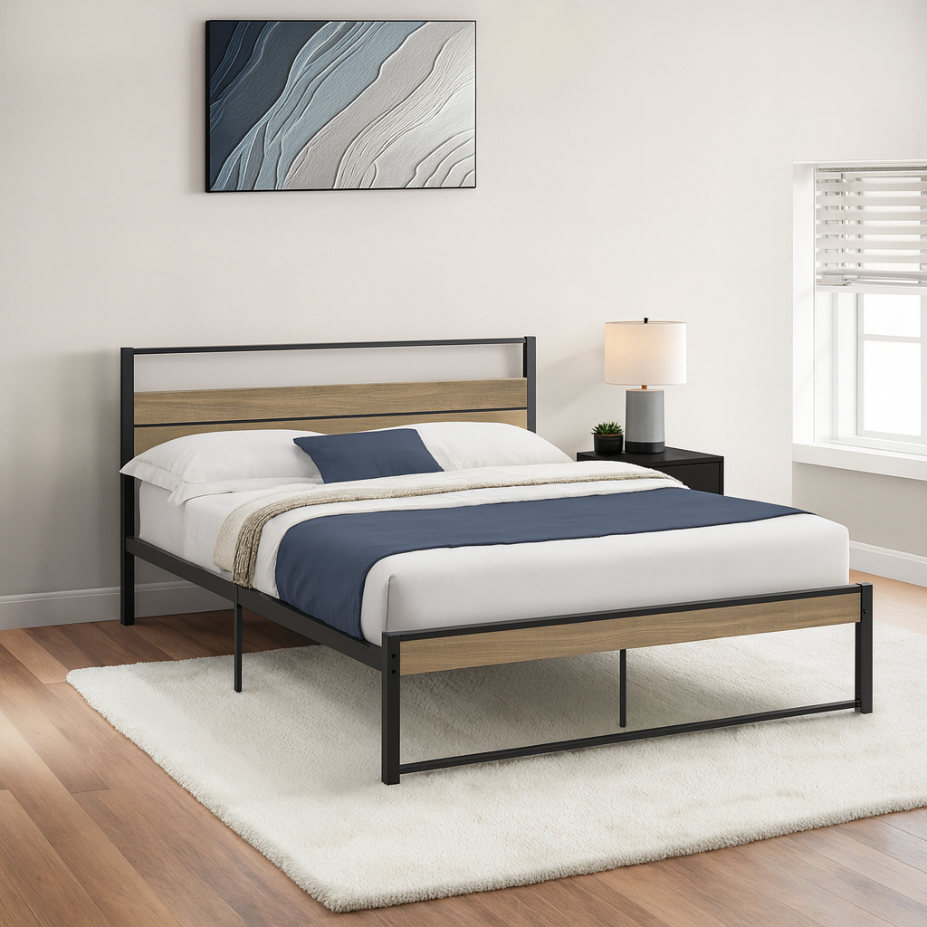 BED - QUEEN SIZE / DARK TAUPE / BLACK METAL PLATFORM