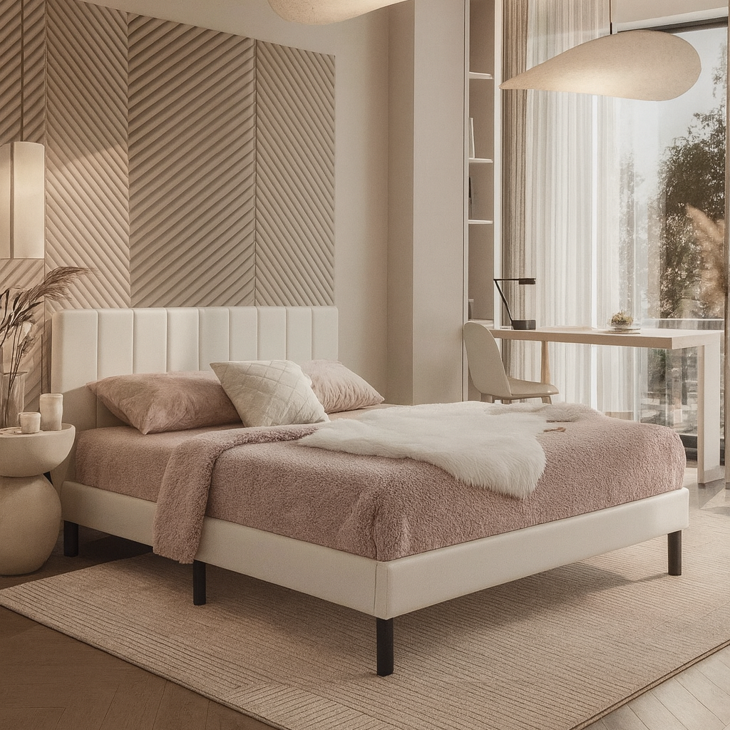 IF-5362 White PU Bed with Vertical Tufting