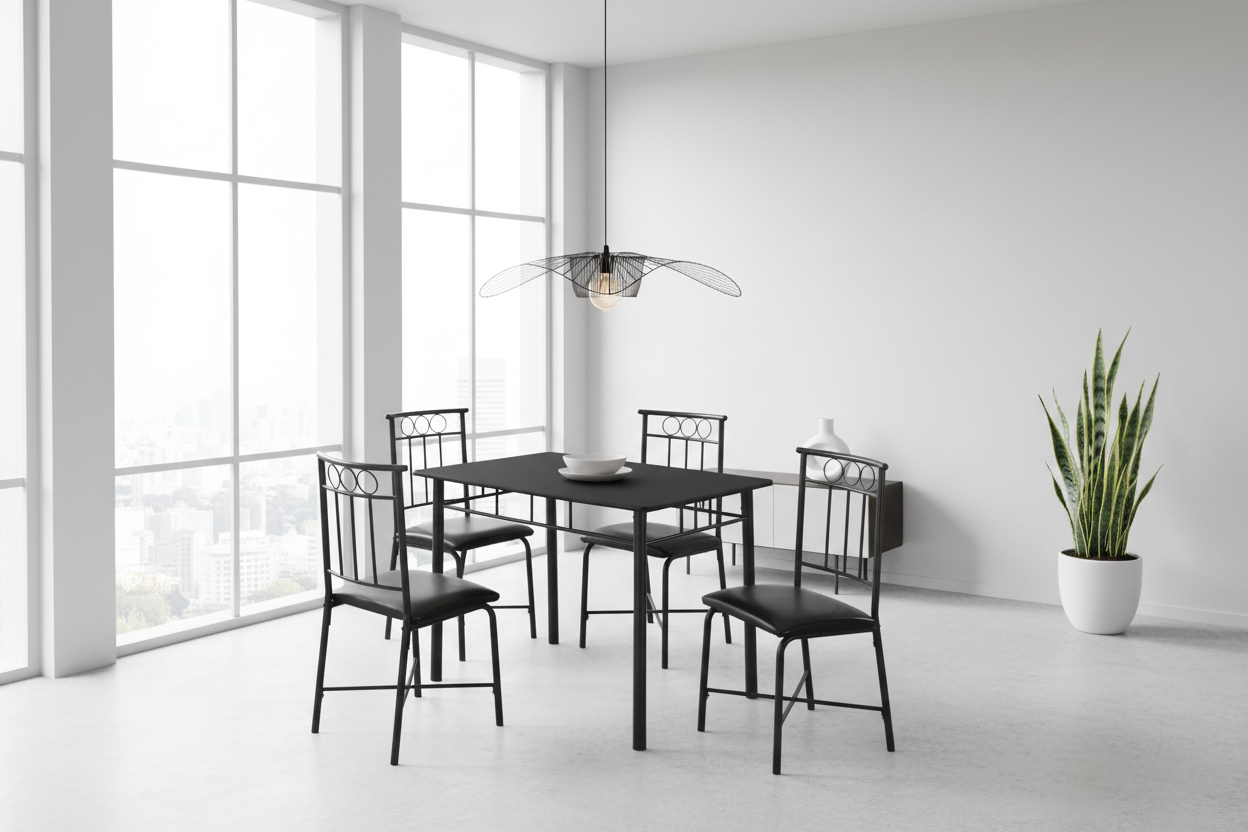 DINING SET - 5PCS SET / WHITE MARBLE TOP / BLACK METAL