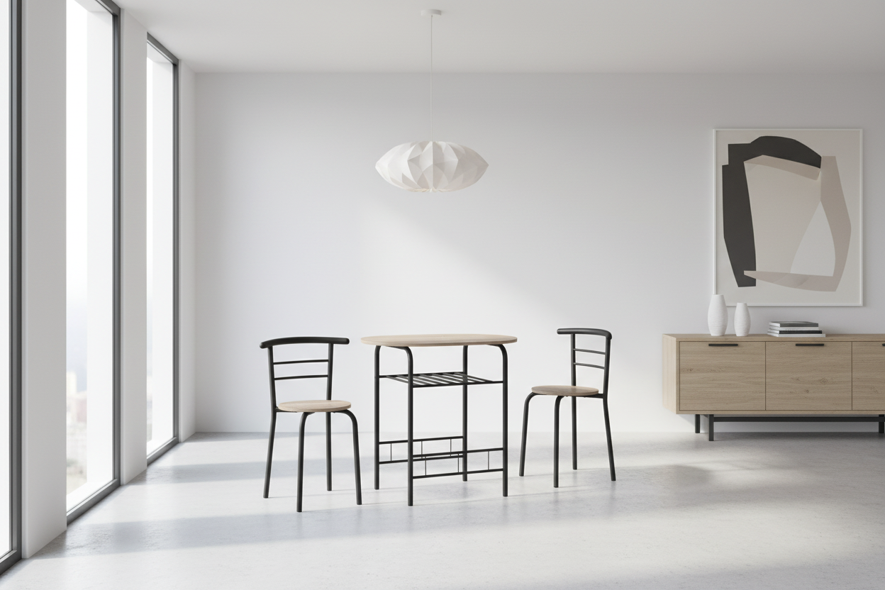 DINING SET - 3PCS SET / NATURAL TOP / WHITE METAL