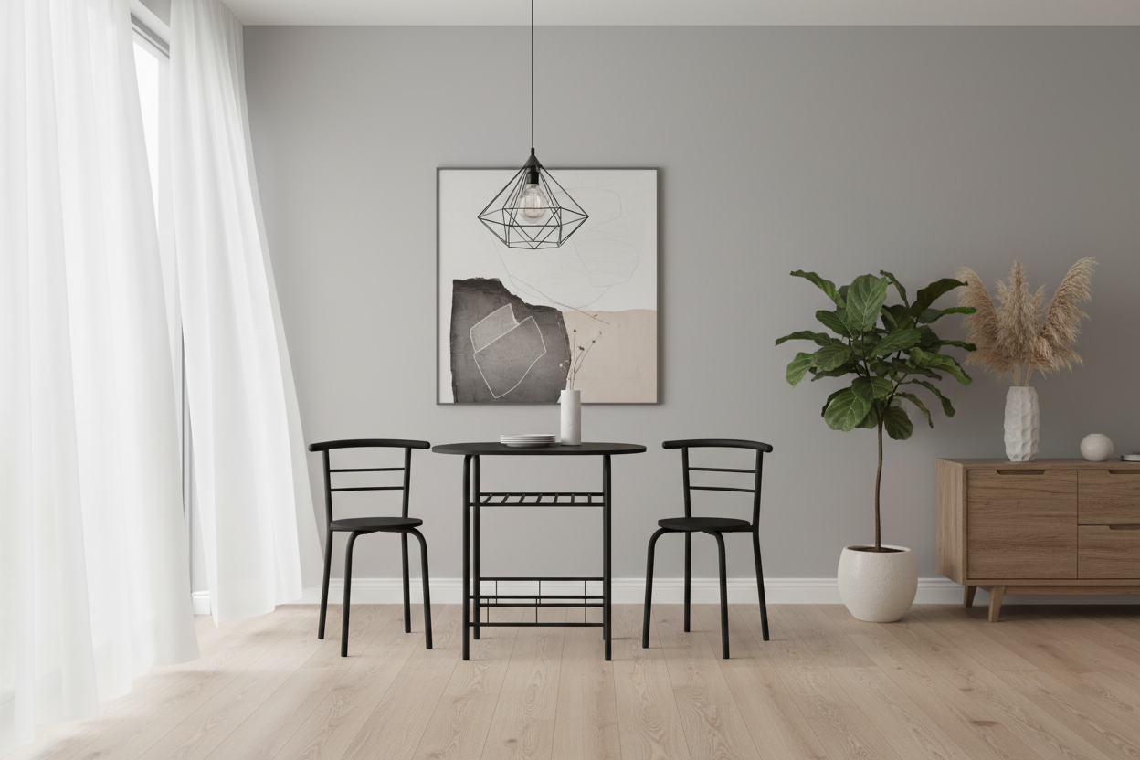 DINING SET - 3PCS SET / NATURAL TOP / WHITE METAL