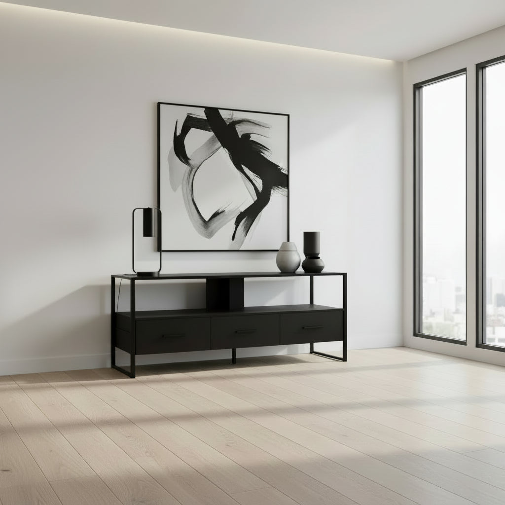 TV STAND - 48"L / BROWN RECLAIMED / BLACK METAL