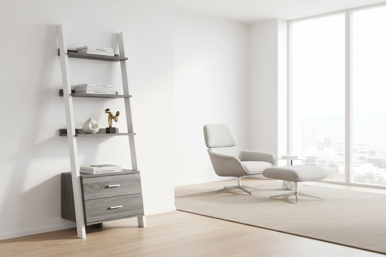 BOOKCASE - 69"H / ESPRESSO LADDER W/ 2 STORAGE DRAWERS