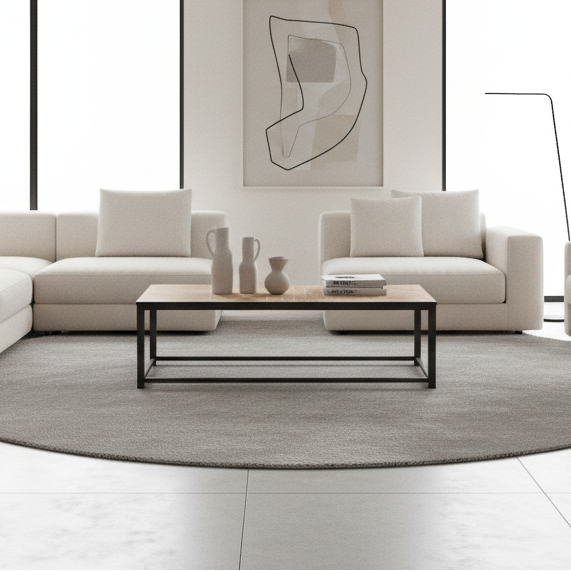 TABLE BASSE - PLATEAU CARRELAGE GRIS / BLEU / ARGENT MARTELÉ