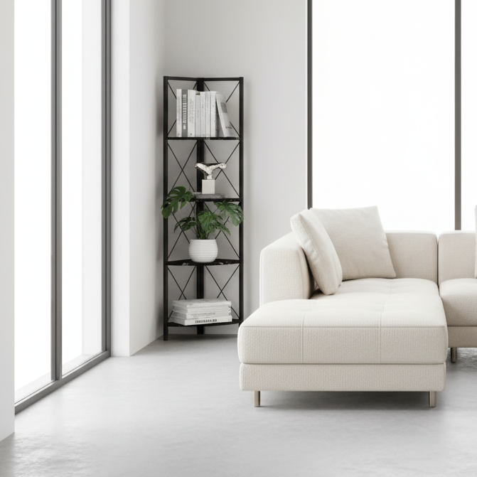 BIBLIOTHÈQUE - 60"H / ESPRESSO / ÉTAGÈRE D'ANGLE EN MÉTAL NOIR