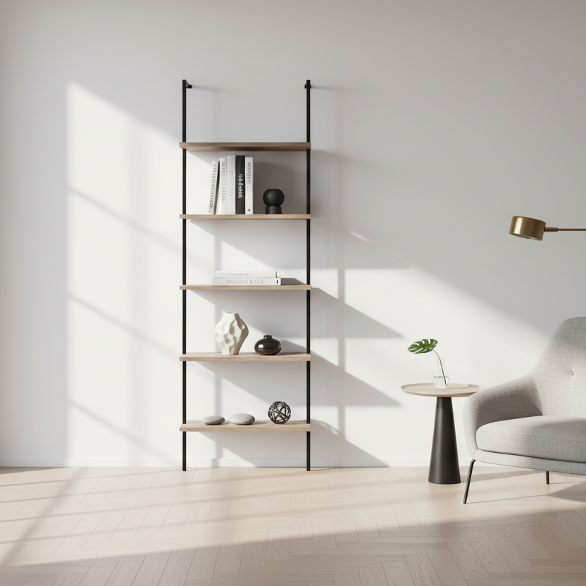 BIBLIOTHÈQUE - ÉCHELLE 72"H BRUN RÉCUPÉRÉ / MÉTAL NOIR