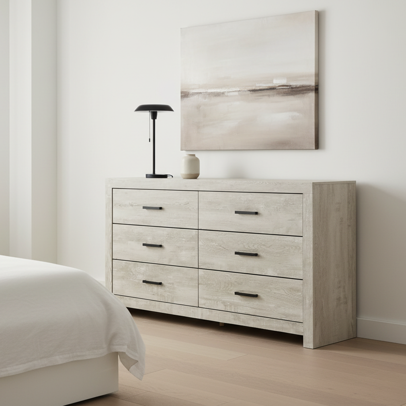 Bedroom Set - 6 Drawer Dresser / Bleached Oak Finish