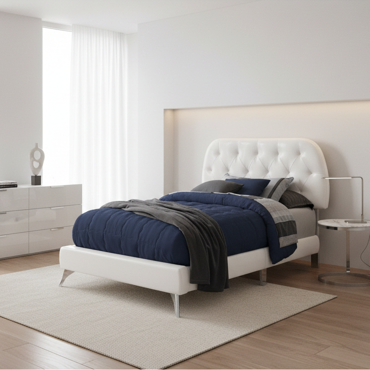 LIT - TAILLE SIMILI CUIR MARRON AVEC PIEDS EN BOIS