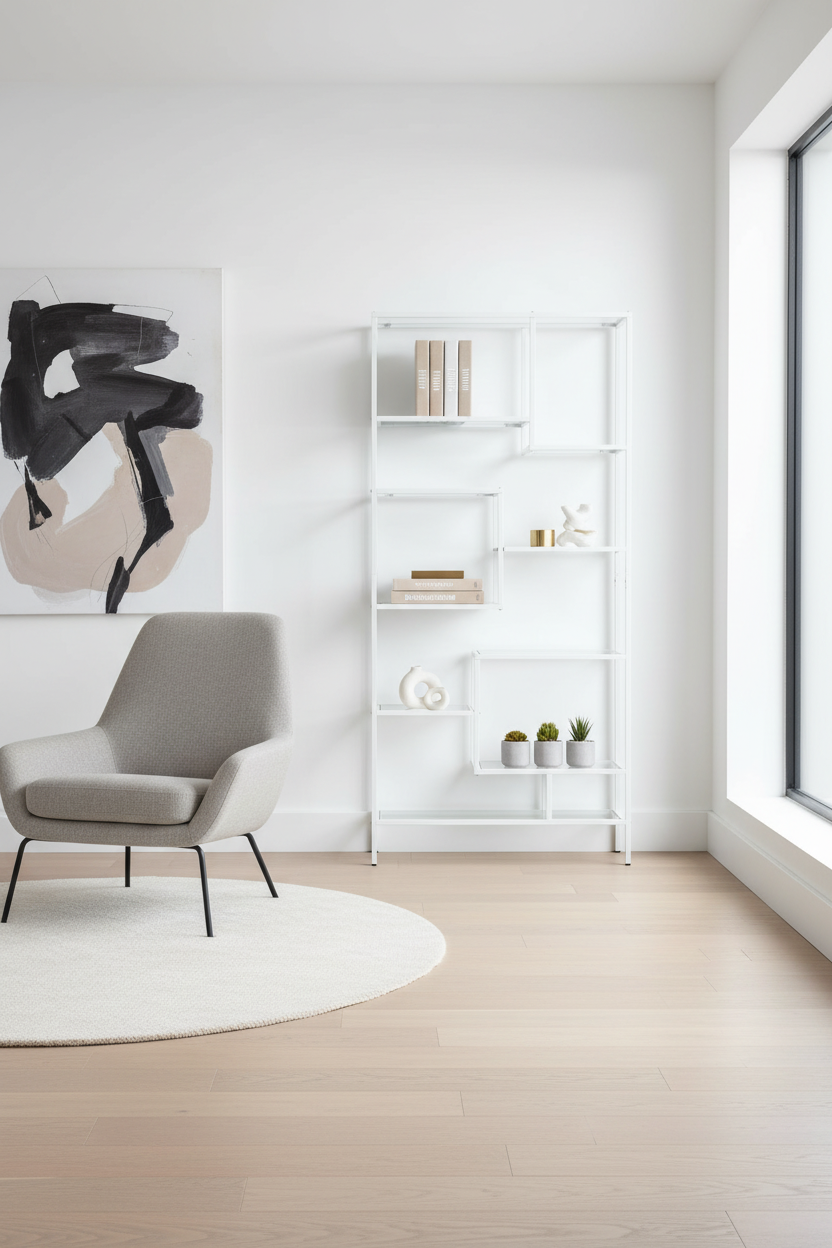 BIBLIOTHÈQUE - 72"H / MÉTAL ARGENTÉ AVEC VERRE TREMPÉ