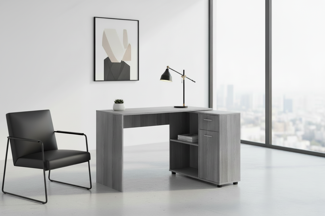 BUREAU D'ORDINATEUR - 46"L / GRIS INDUSTRIEL / ARMOIRE DE RANGEMENT