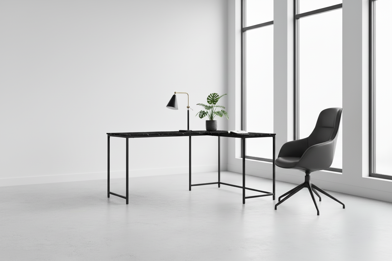 COMPUTER DESK - 58"L / ESPRESSO TOP / BLACK METAL CORNER