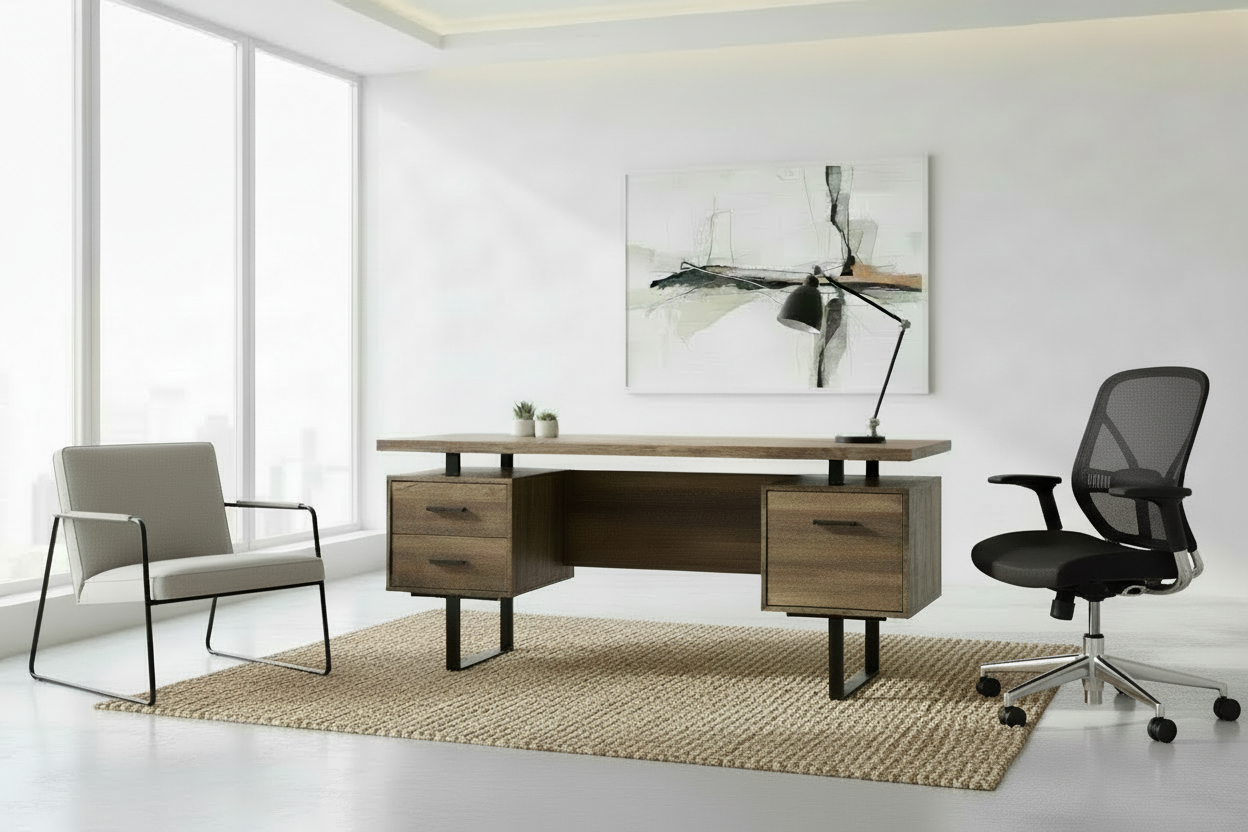 BUREAU D'ORDINATEUR - 60"L / ESPRESSO / MÉTAL ARGENTÉ