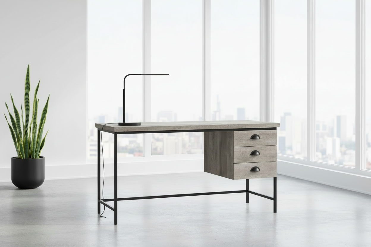COMPUTER DESK - 55"L / BROWN RECLAIMED WOOD / BLACK METAL
