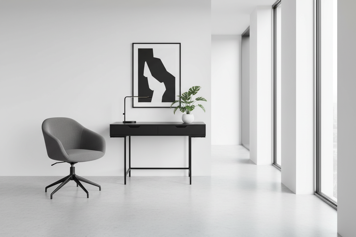 BUREAU D'ORDINATEUR - 48"L / ASPECT MARBRE NOIR / MÉTAL NOIR